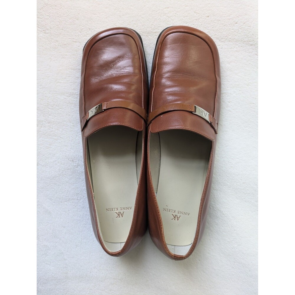 90's Anne Klein Women’s Loafers Brown Leather Loafer Size 9M With AK Logo Accent